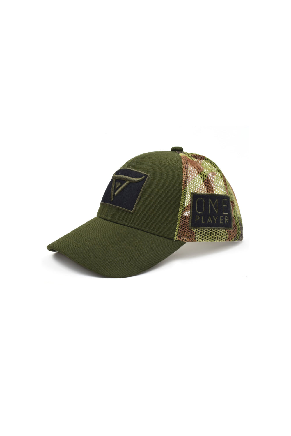 Unisex Olive Green Trucker cap, has a visor by One Player