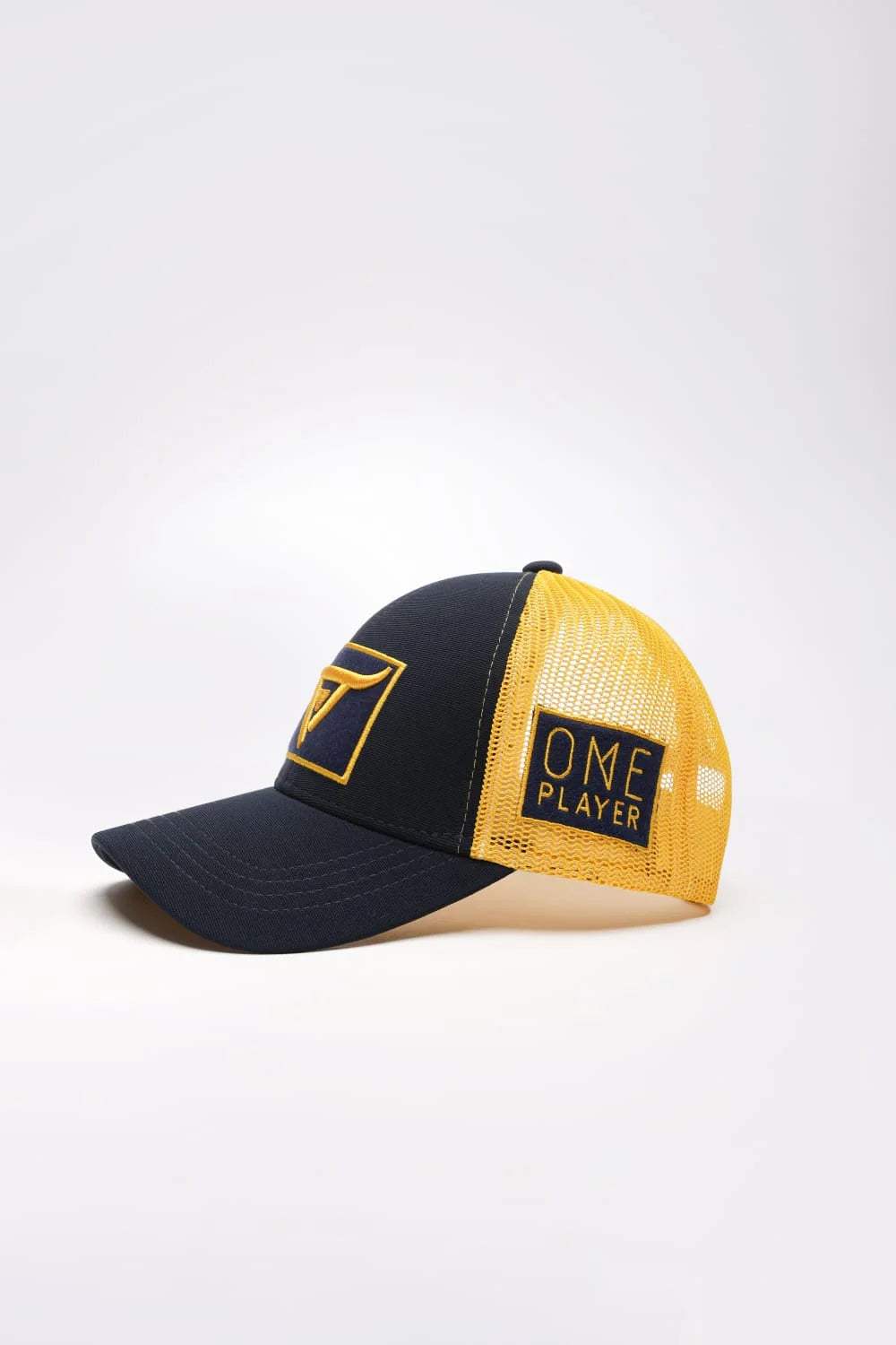 Unisex  Blue & Yellow Trucker cap, has a visor by One Player